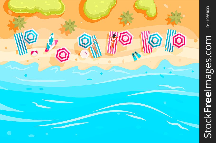 People swim and sunbathe. Top view beach background with umbrellas, swim ring,sunglasses, surfboard