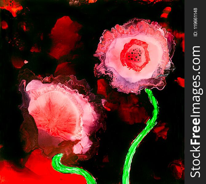 Stunning alcohol ink red poppies with detail of the chemical reactions occurring in the painting. Stunning alcohol ink red poppies with detail of the chemical reactions occurring in the painting.