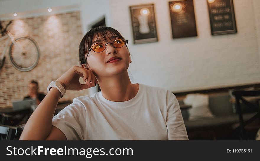 Woman In White Crew-neck Shirt