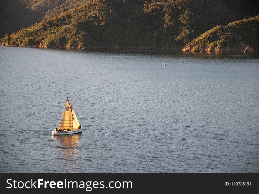 White Sail Boat on Water Near Land