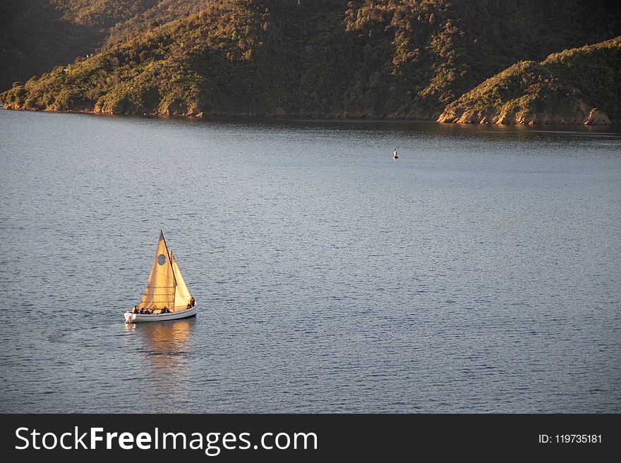 White Sail Boat On Water Near Land