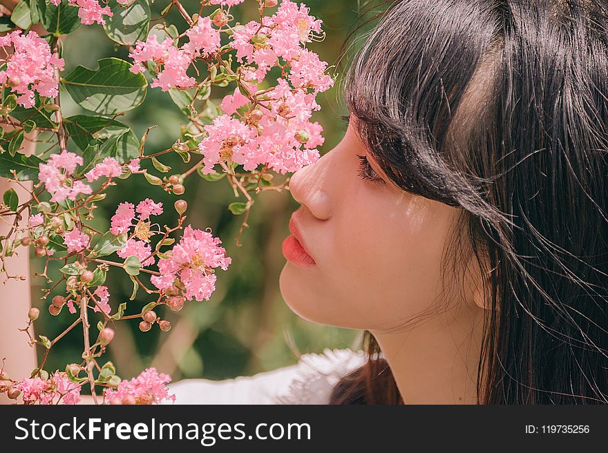 Close-Up Photography of Girl Near Pink Flower