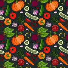 Vegetable Seamless Pattern With Cucumbers, Red Tomatoes, Bell Pepper, Beet, Carrot, Onion, Garlic, Chilli, Pumpkine. FoodHand Draw Royalty Free Stock Photos