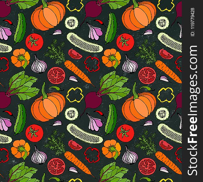 Vegetable Seamless Pattern with Cucumbers, Red Tomatoes, Bell Pepper, Beet, Carrot, Onion, Garlic, Chilli, Pumpkine. FoodHand Drawn Illustration. Doodle Style Black Board Background and Chalk