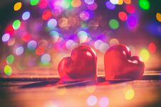 Red Little Decorative Hearts On Wooden Background With Amazing Bokeh Lights. Love Or Romantic Valentine Day Concept. Toned. Royalty Free Stock Photos