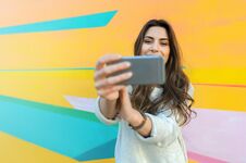 Woman Happy Taking Selfie Photos Outdoor In The City Royalty Free Stock Image