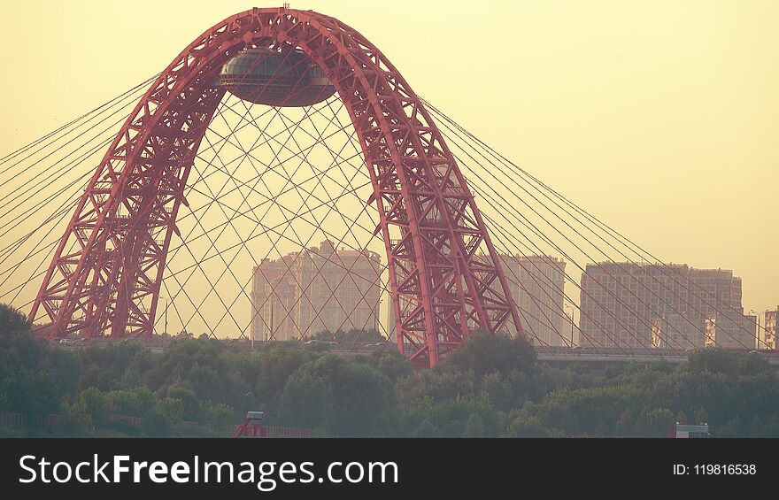 Moscow Cityscape In The Evening Involving Cable-stayed Zhivopisny Bridge And Luxury Apartment Buildings, Russia