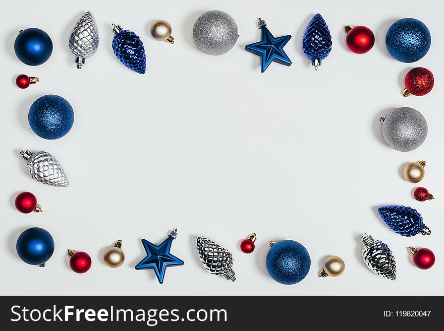 flat lay with various decorative christmas toys isolated on white