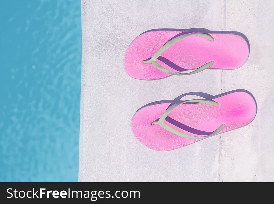 Flip Flops On Stone Background On Poolside. Summer Family Vacation Concept