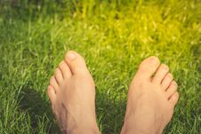 Close Up Of Woman Feet On The Green Grass Stock Photo