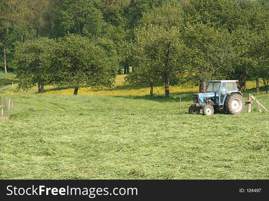 Tractor on green meadow. Trees on the background. Tractor on green meadow. Trees on the background