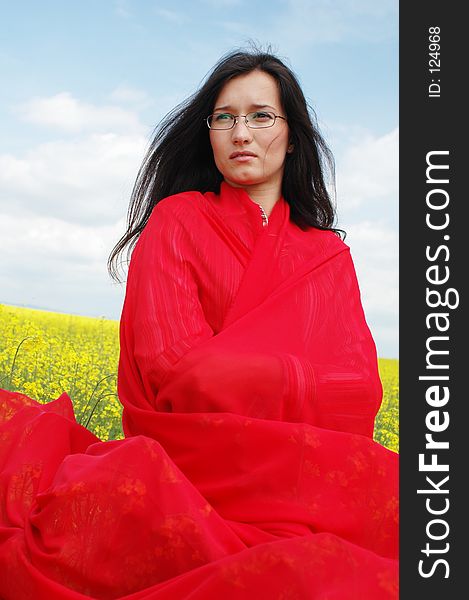 Great color contrast, girl with red scarf. Great color contrast, girl with red scarf
