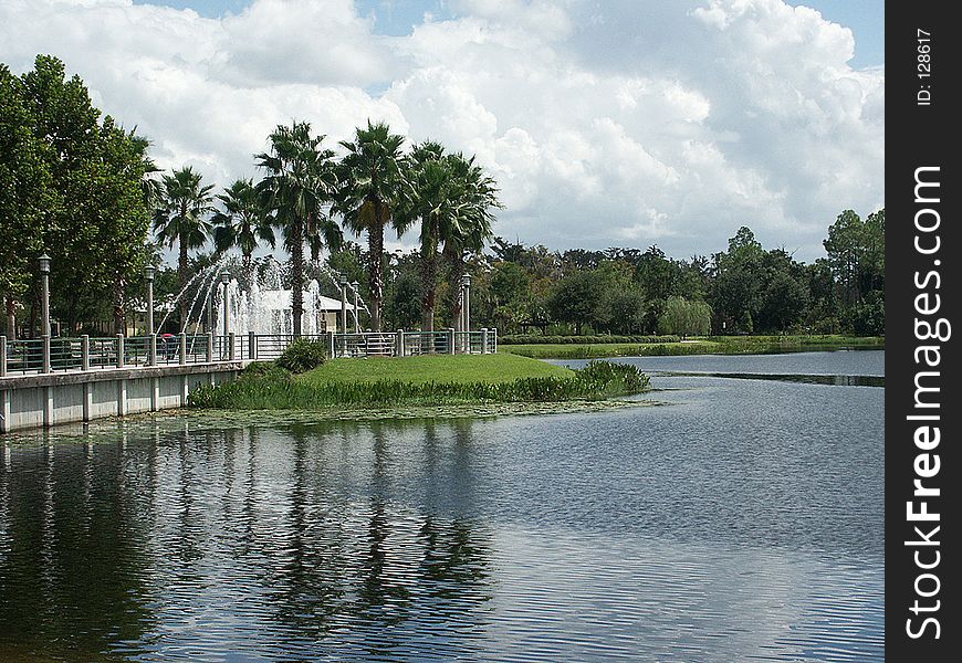 Interactive fountain on the side of a public lake. Interactive fountain on the side of a public lake