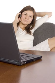 Woman At The Desk Talking By Mobile Phone Royalty Free Stock Image Woman At The Desk Talking By Mobile Phone Royalty Free Stock Image