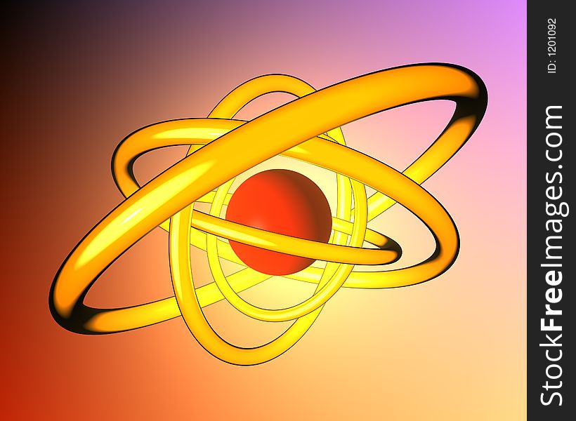 Atomic 3d particle, red ball surrounded by orange rings