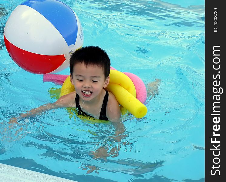 A boy is smimming in a pool