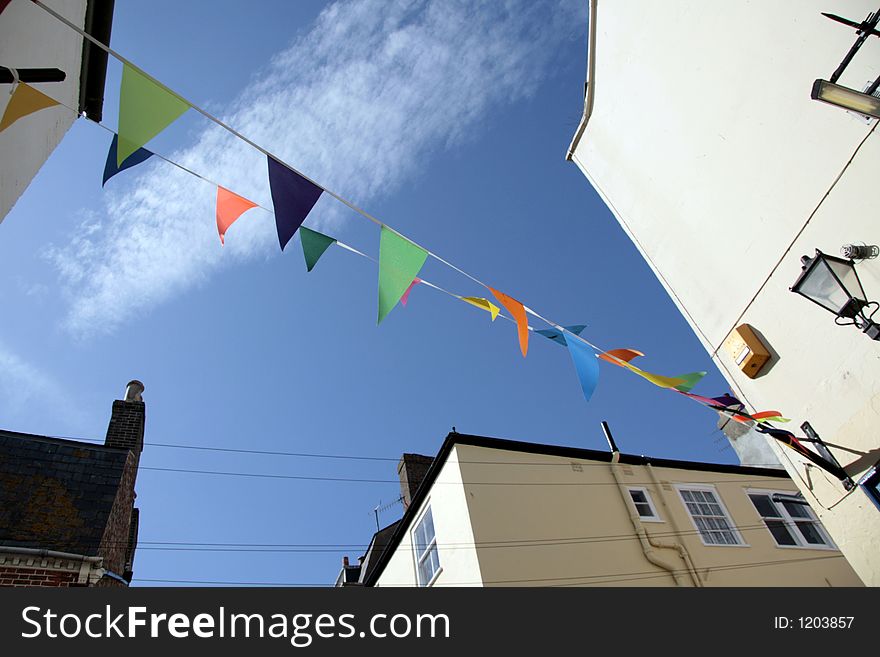 Street decorated with colorful flags