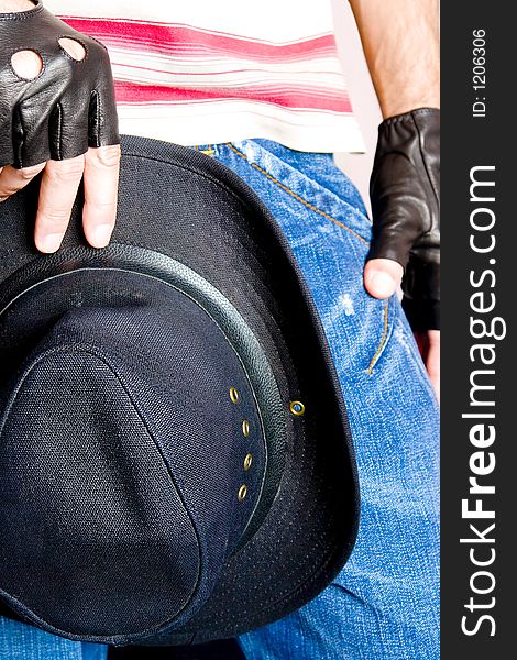 Model In Leather Gloves With Cowboy Hat. Model In Leather Gloves With Cowboy Hat