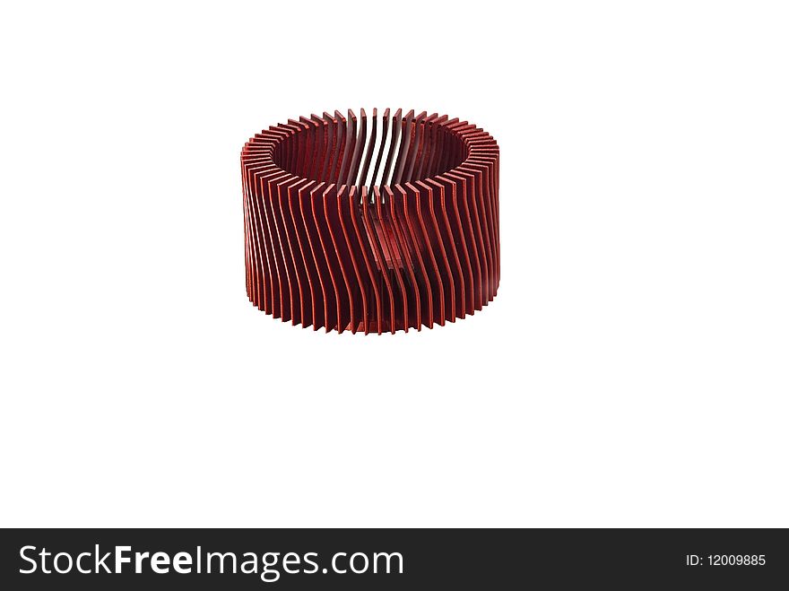Circular red heat sink isolated on white background.