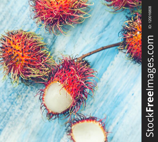 Rambutan Thai fruit on a blue background