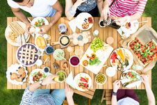 Top View On Garden Table With Salad, Fruits And Pizza During Out Stock Images Top View On Garden Table With Salad, Fruits And Pizza During Out Stock Images