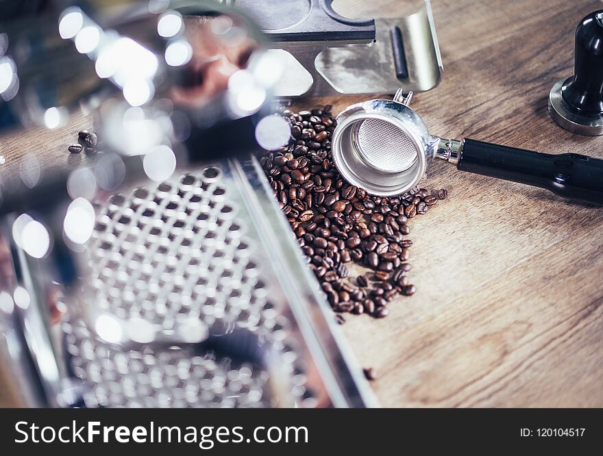 Espresso Out Of Classic Coffee Machine Into Coffee Cup