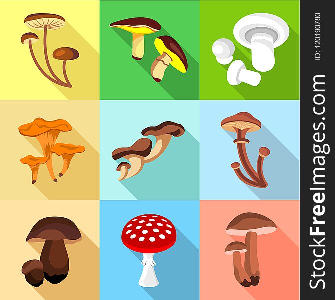 Edible and inedible mushroom icons set, flat style