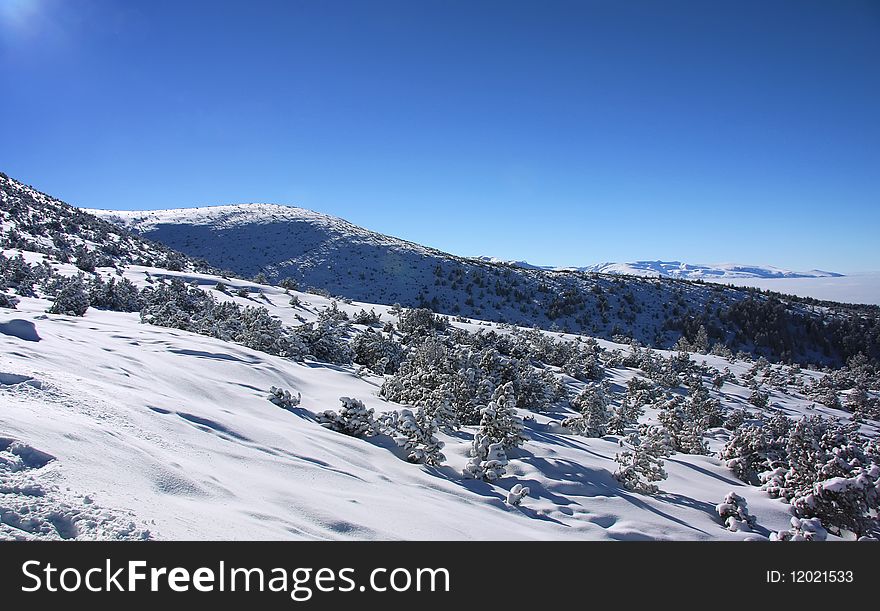 Panorama of winter mountains. Alpine ski resort Borovets, Bulgaria. Panorama of winter mountains. Alpine ski resort Borovets, Bulgaria