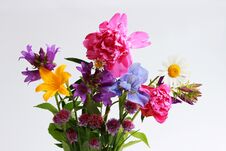 A Bouquet Of Different Wild Field And Garden Flowers: Chamomile, Bell, Lily, Chives, Iris, Peony. Stock Photos