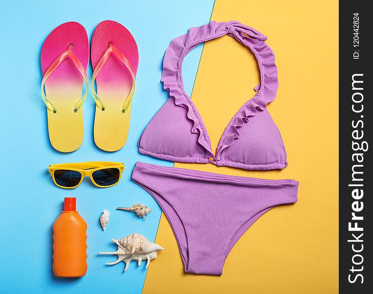 Flat lay composition with collection of beach objects