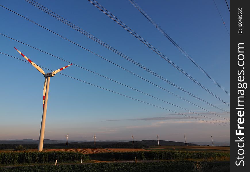 Sky, Wind Turbine, Wind Farm, Overhead Power Line