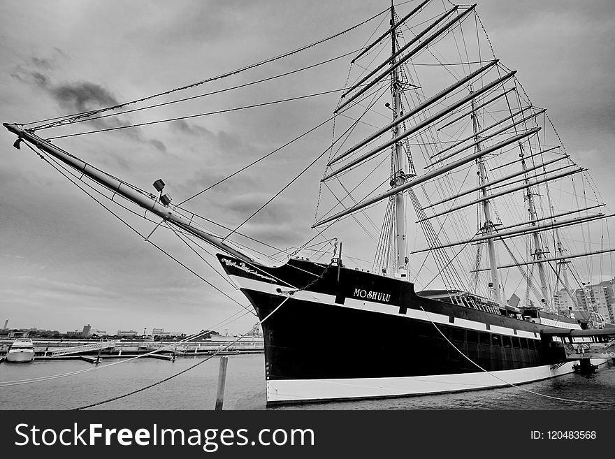 Sailing Ship, Tall Ship, Ship, Black And White