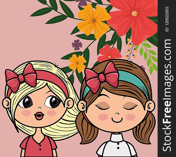 Cute girls couple characters with floral decoration frame vector illustration