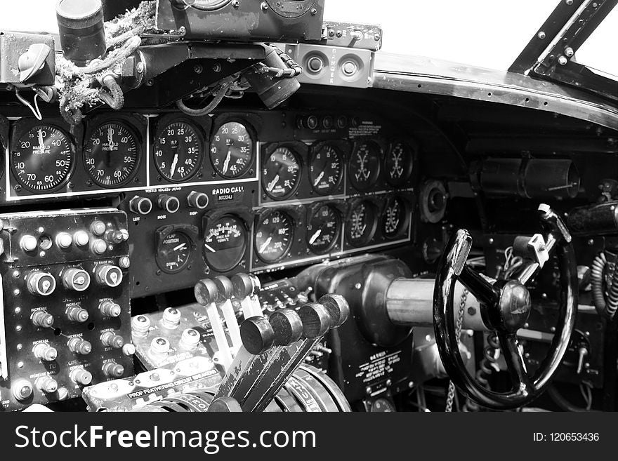Motor Vehicle, Cockpit, Black And White, Engine