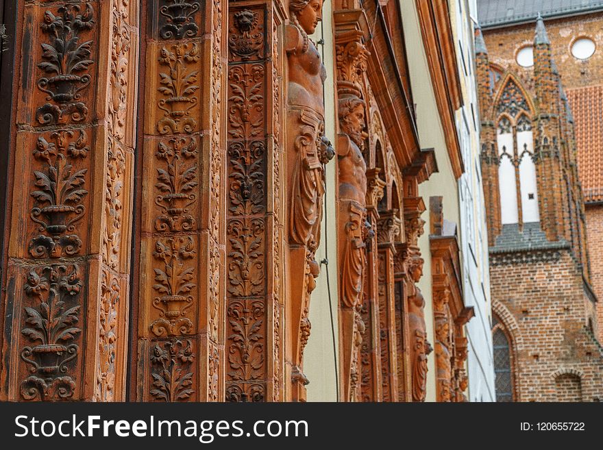 Column, Wood, Facade, Door