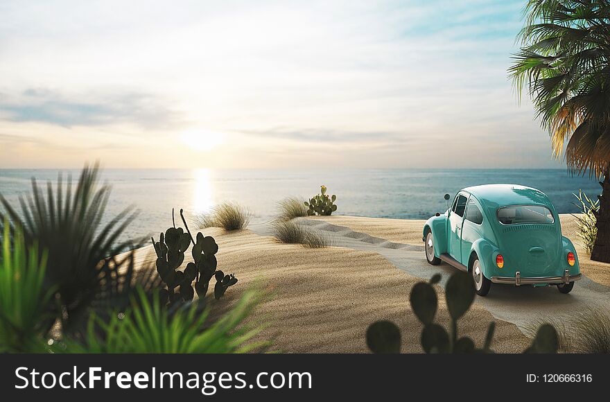 Vintage Car On The Beach With Sunset, 3d Render Illustration