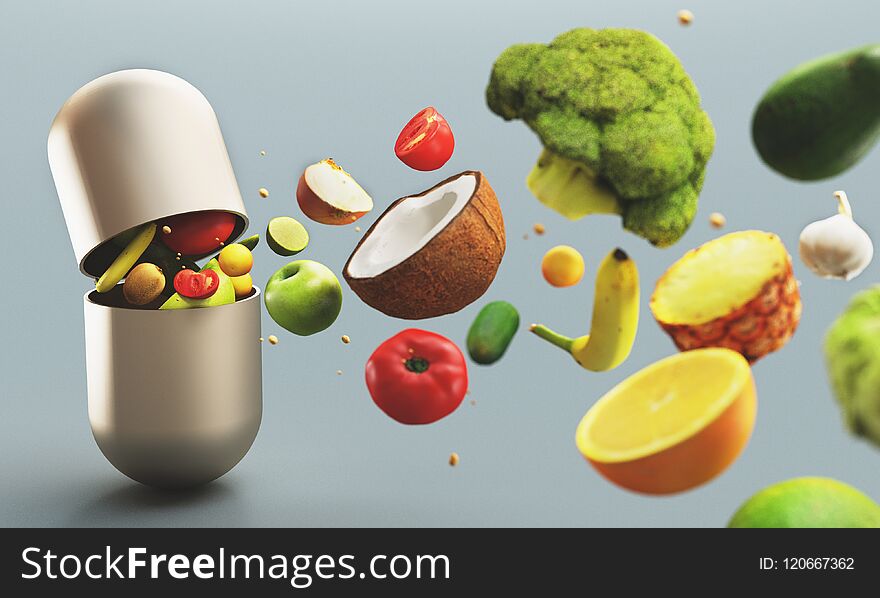 Fruits And Vegetables Come Out Of Tablet, Vitamins, 3d Render Illustration