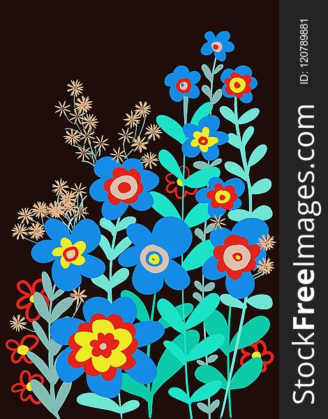 Hand drawn flat floral cut paper look graphic design for covers, posters, background, garden scene spring and summer