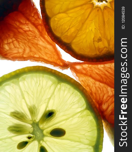 Translucent slices of a red grapefruit, yellow lemon and orange tangerine. Translucent slices of a red grapefruit, yellow lemon and orange tangerine.