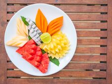 Coloful Many Fruits In White Plate Stock Photo