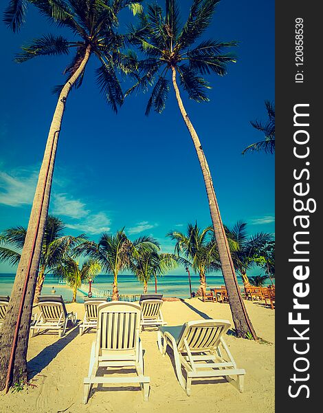 Beautiful outdoor sea and ocean view with umbrella and chair around coconut palm tree for travel and vacation. Beautiful outdoor sea and ocean view with umbrella and chair around coconut palm tree for travel and vacation