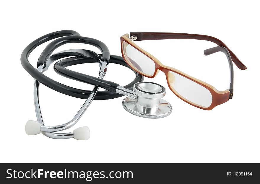 Isolated stethoscope and glasses on white background