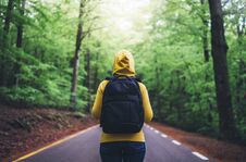 Tourist Traveler With Backpack Standing Into Road At Summer Green Forest, View Back Girl Hiker In Yellow Hoody Looking And Enjoyin Royalty Free Stock Photo