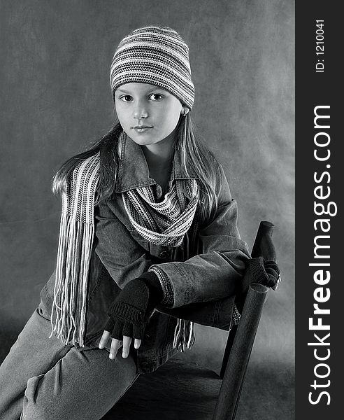 Portrait of the girl in a winter cap. b/w. Portrait of the girl in a winter cap. b/w