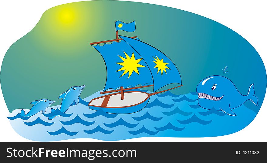 The ship a whale and playing dolphins on a background of the sea drawn by a vector. The ship a whale and playing dolphins on a background of the sea drawn by a vector