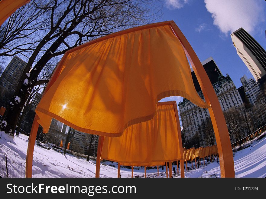 Colorful cloth gates set in Central Park - Conceptual Art. February 2005. Colorful cloth gates set in Central Park - Conceptual Art. February 2005