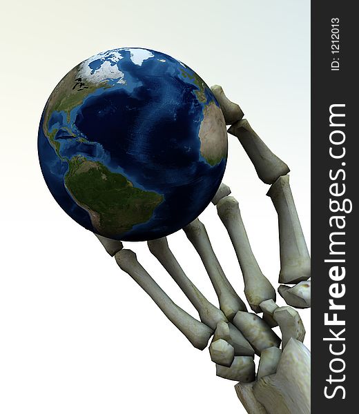 A computer created image of earth being grabbed by a skeleton hand that could represent death. A computer created image of earth being grabbed by a skeleton hand that could represent death.