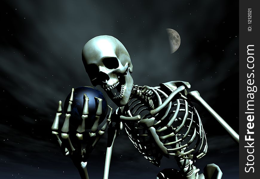A computer created image of earth being grabbed by a skeleton could represent death. A computer created image of earth being grabbed by a skeleton could represent death.
