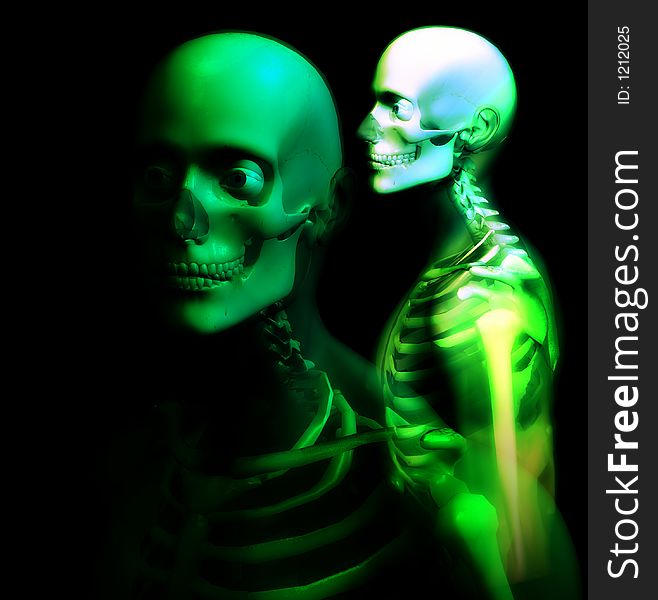 An x ray image of 2 men in which you can see the Skelton under the skin. An x ray image of 2 men in which you can see the Skelton under the skin.
