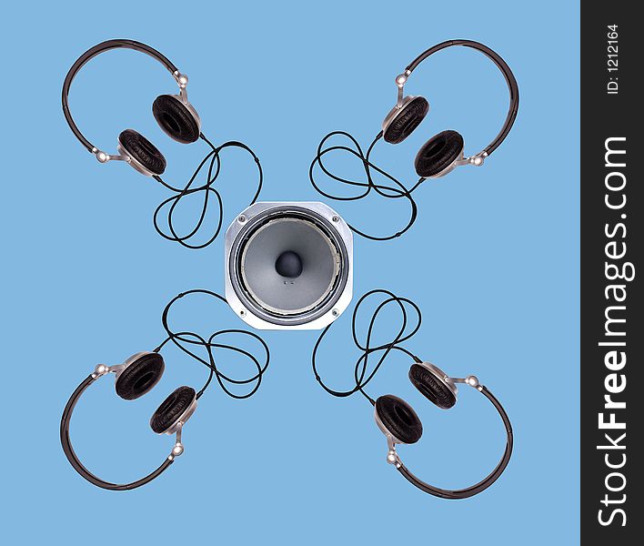 Pattern of modern headphones isolated on blue, pattern, with old speaker in centre